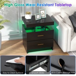 Musta LED-yöpöytä kahdella laatikolla ja kaukosäätimellä