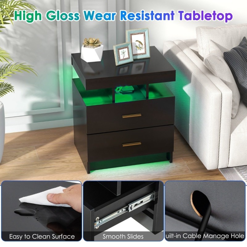 Musta LED-yöpöytä kahdella laatikolla ja kaukosäätimellä