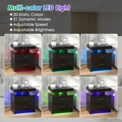 Musta LED-yöpöytä kahdella laatikolla ja kaukosäätimellä