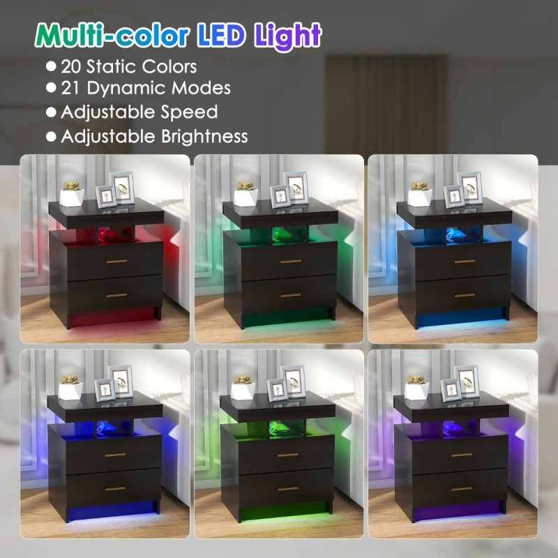 Musta LED-yöpöytä kahdella laatikolla ja kaukosäätimellä