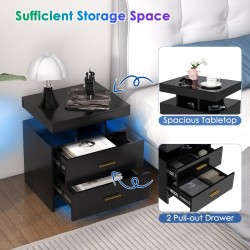 Musta LED-yöpöytä kahdella laatikolla ja kaukosäätimellä