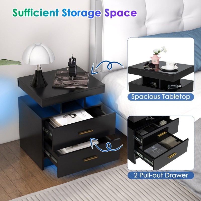 Musta LED-yöpöytä kahdella laatikolla ja kaukosäätimellä