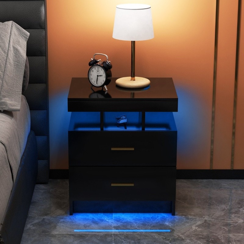 Musta LED-yöpöytä kahdella laatikolla ja kaukosäätimellä