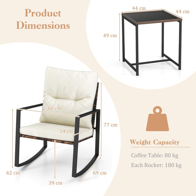 Kolmen osan keinubistrosetti irrotettavilla tyynyillä valkoinen