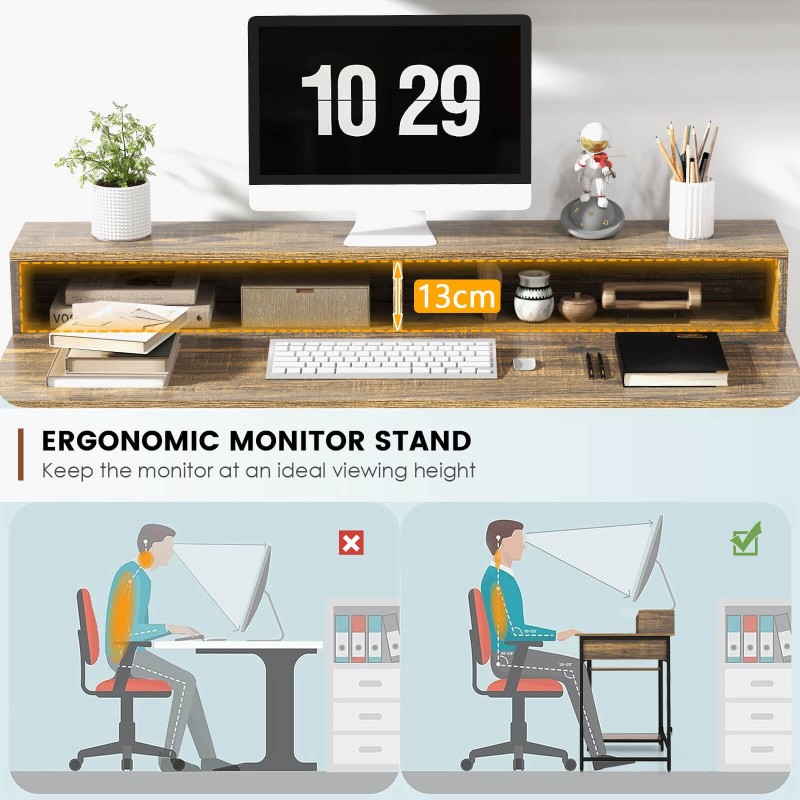 Rustiikkinen tietokonepöytä laatikolla ja hyllyillä, metallirunko