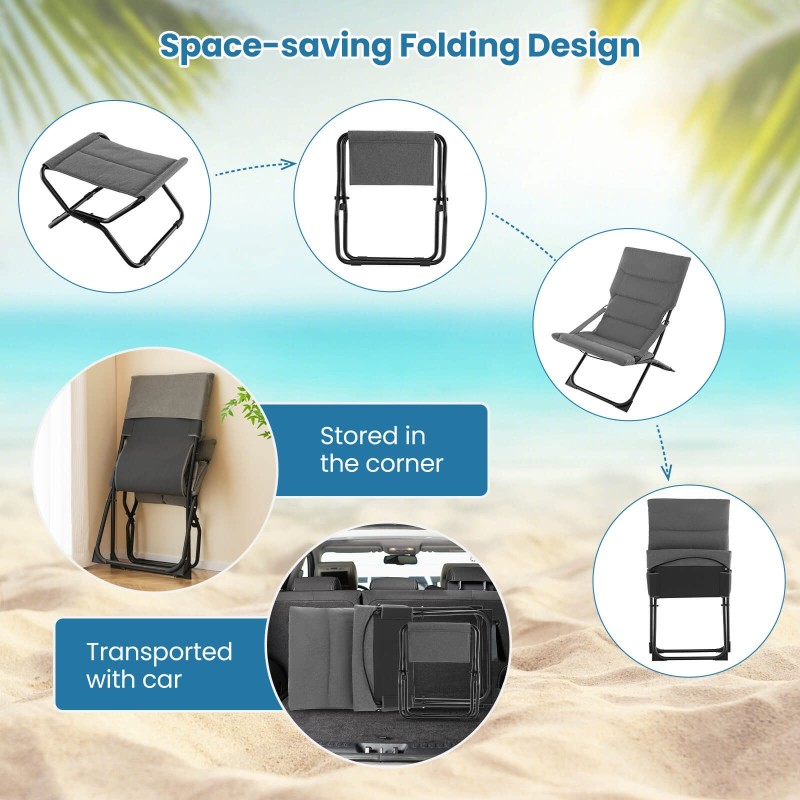 Taitettava harmaa ulkotuoli rahilla ja irrotettavalla tyynyllä Taitettava harmaa ulkotuoli rahilla ja irrotettavalla tyynyllä