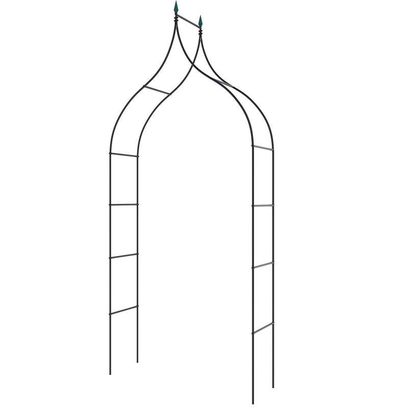 Goottilaistyylinen musta puutarhakaari monipuolisilla koristelumahdollisuuksilla