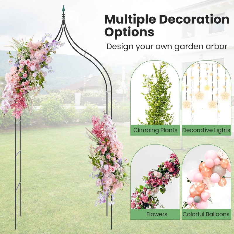 Goottilaistyylinen musta puutarhakaari monipuolisilla koristelumahdollisuuksilla