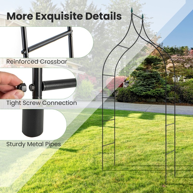 Goottilaistyylinen musta puutarhakaari monipuolisilla koristelumahdollisuuksilla