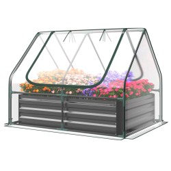 Minikasvihuone hopea rullattavilla ovilla ja kasvatuslaatikolla