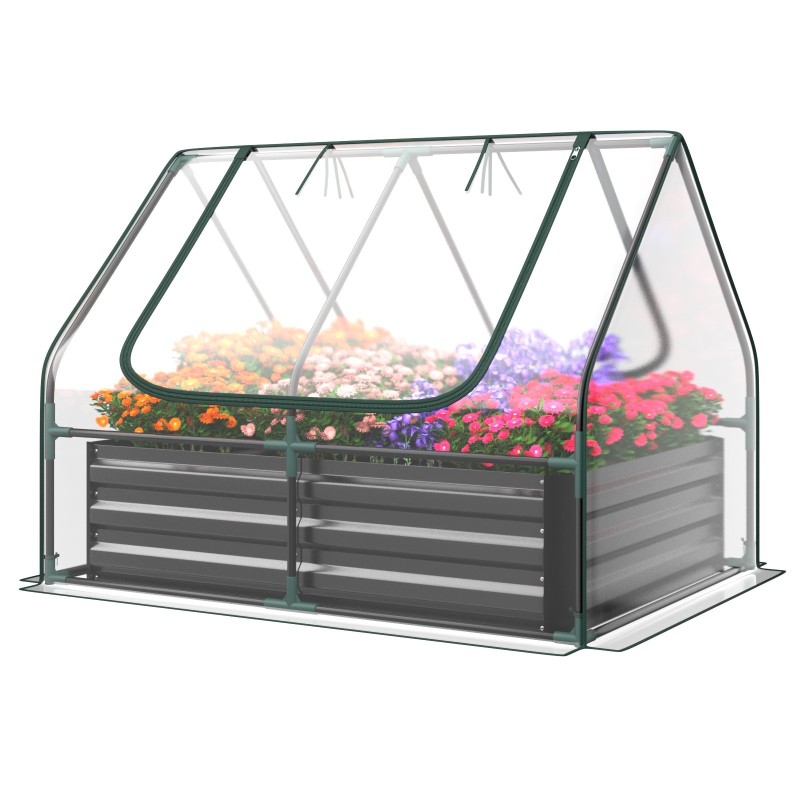 Minikasvihuone hopea rullattavilla ovilla ja kasvatuslaatikolla