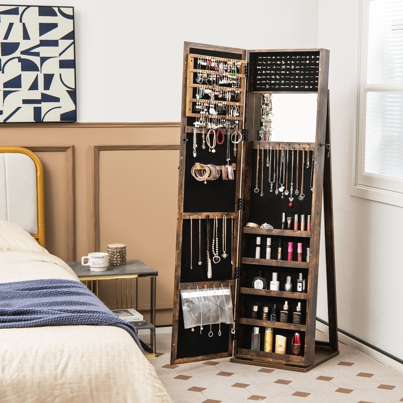 3-in-1 ruskea peilillinen korukaappi hyllyillä