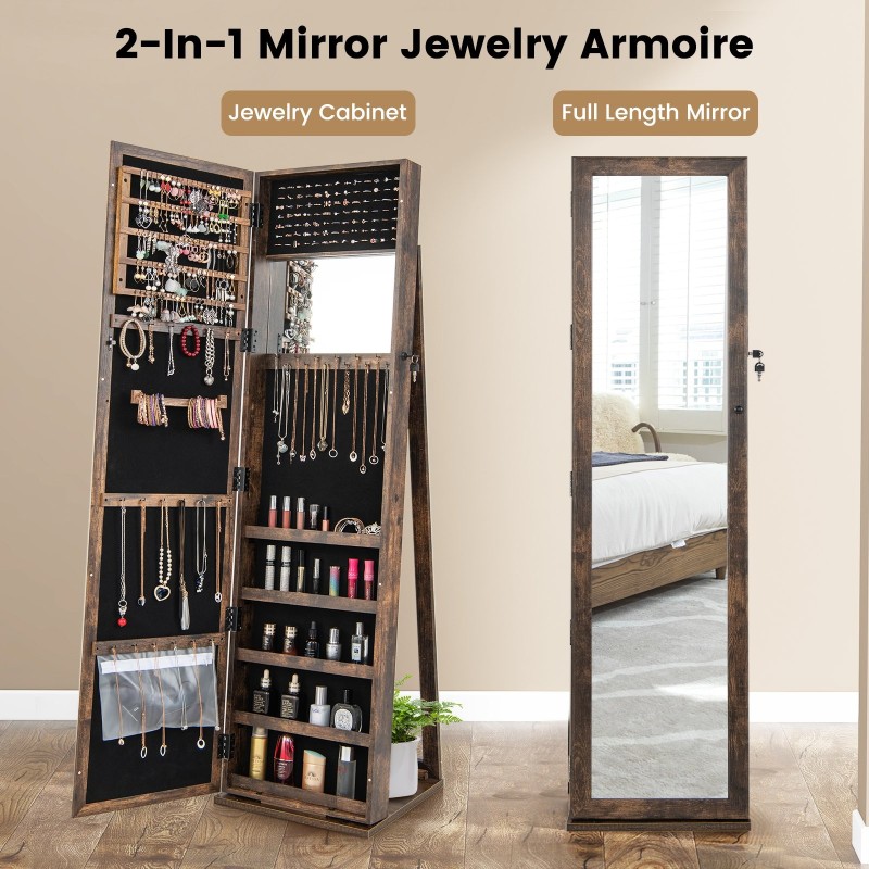 3-in-1 ruskea peilillinen korukaappi hyllyillä