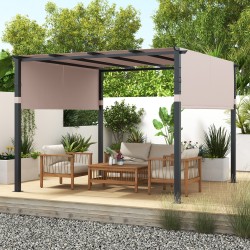 Beige pergola kahdella katoksella ja metallirungolla