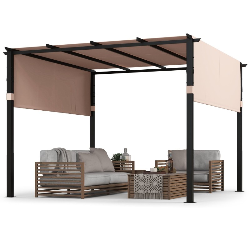 Beige pergola kahdella katoksella ja metallirungolla