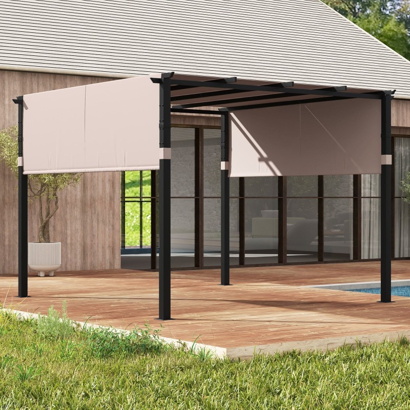 Beige pergola kahdella katoksella ja metallirungolla