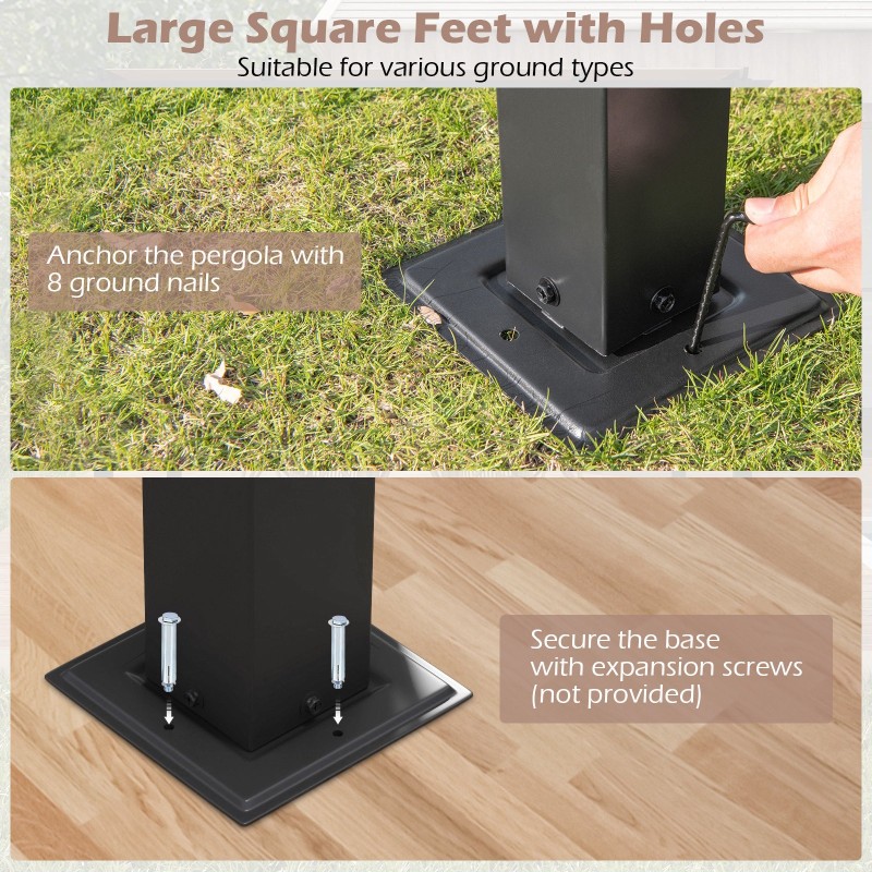 Beige pergola kahdella katoksella ja metallirungolla