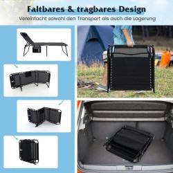 Taitettava musta aurinkotuoli säädettävällä selkänojalla ja niskatuella