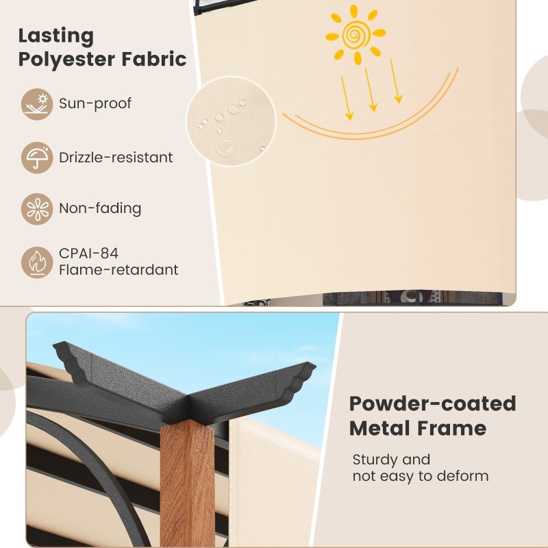 Säädettävä kaareva pergola aurinkosuojalla, beige 360x300 cm