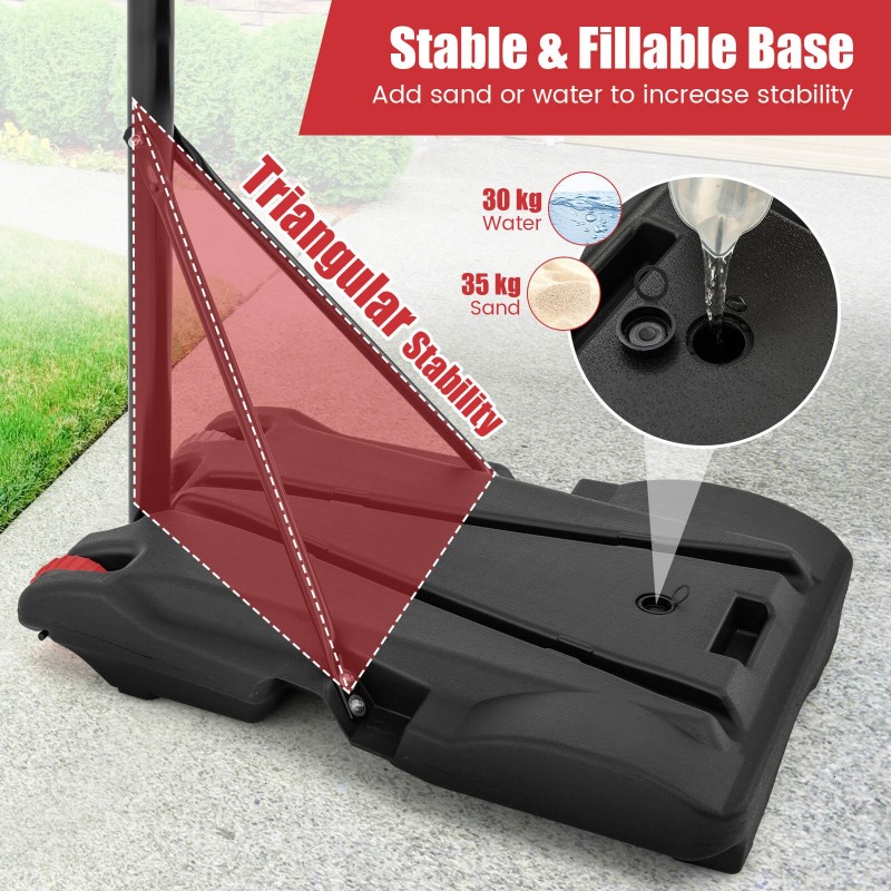 Säädettävä musta koripalloteline pyörillä ja täytettävällä pohjalla