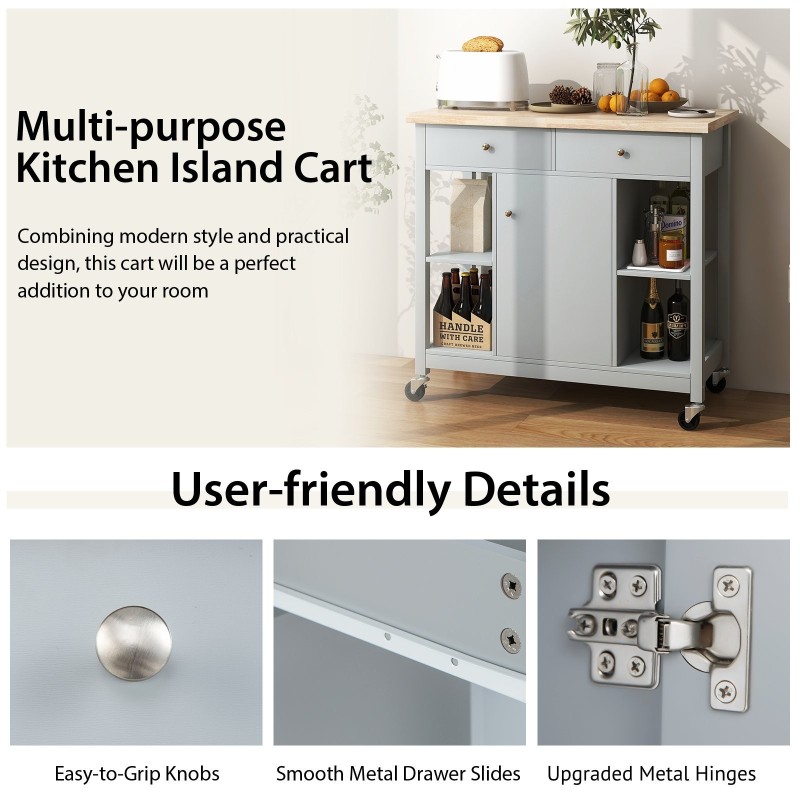 Liikuteltava keittiösaareke harmaa kumipuinen työtaso pyörillä