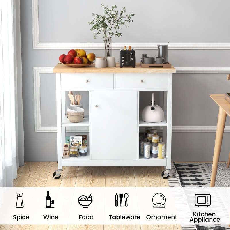 Liikuteltava keittiösaareke pyörillä ja kumipuinen taso valkoinen