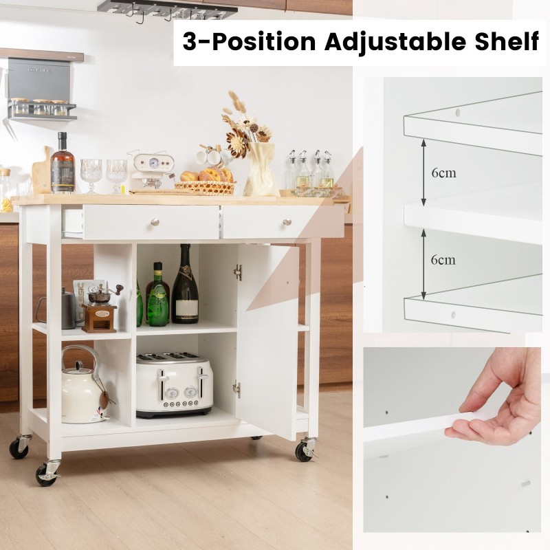 Liikuteltava keittiösaareke pyörillä ja kumipuinen taso valkoinen