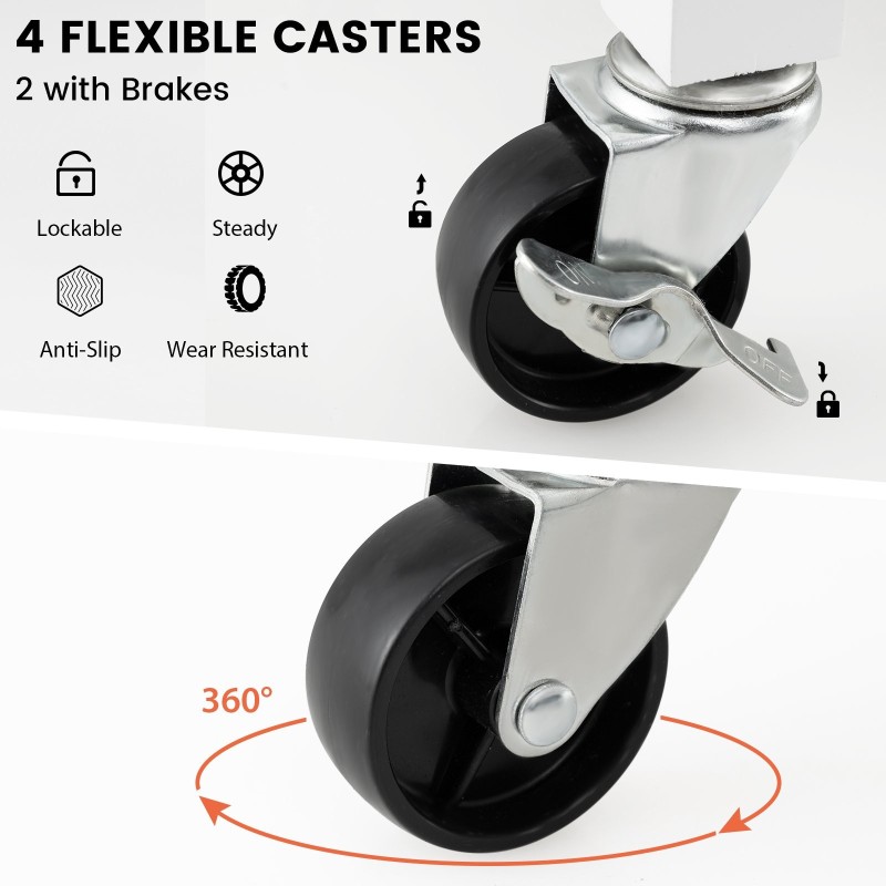 Liikuteltava keittiösaareke pyörillä ja kumipuinen taso valkoinen