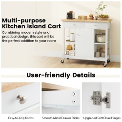 Liikuteltava keittiösaareke pyörillä ja kumipuinen taso valkoinen