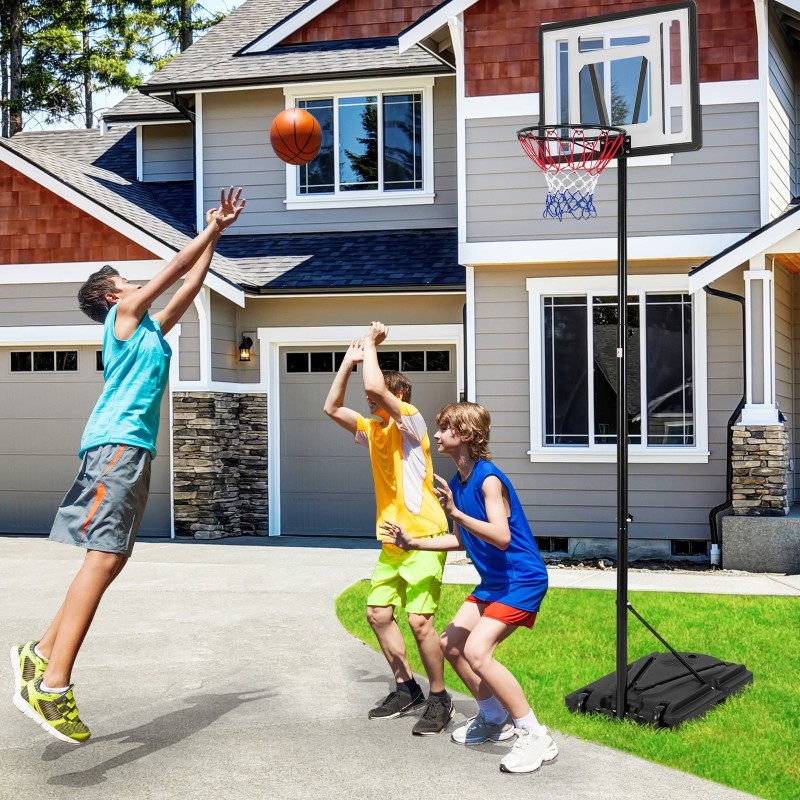 Korkeussäädettävä liikuteltava koripallokori musta täytettävällä jalustalla