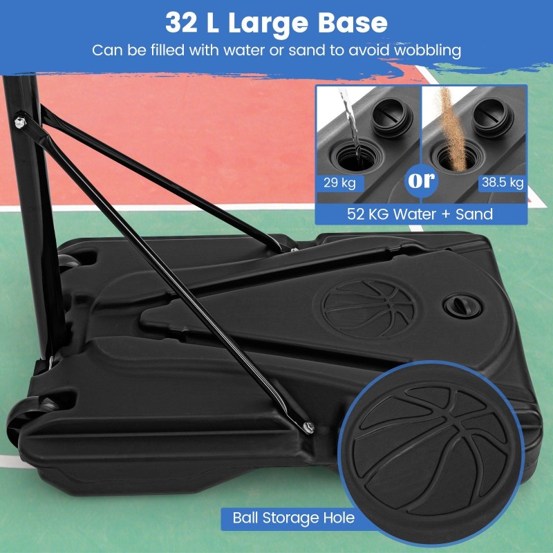 Korkeussäädettävä liikuteltava koripallokori musta täytettävällä jalustalla