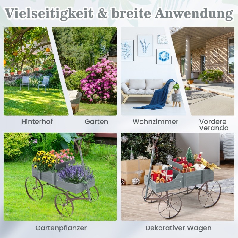 Rustiikkinen harmaa istutusvaunu pyörillä ja kahvalla ulkokäyttöön