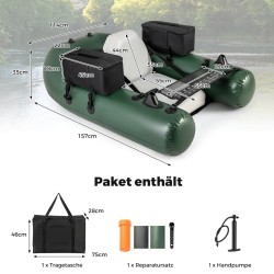 Vihreä puhallettava kalastusvene selkänojalla ja säilytystaskuilla Vihreä puhallettava kalastusvene selkänojalla ja säilytystaskuilla