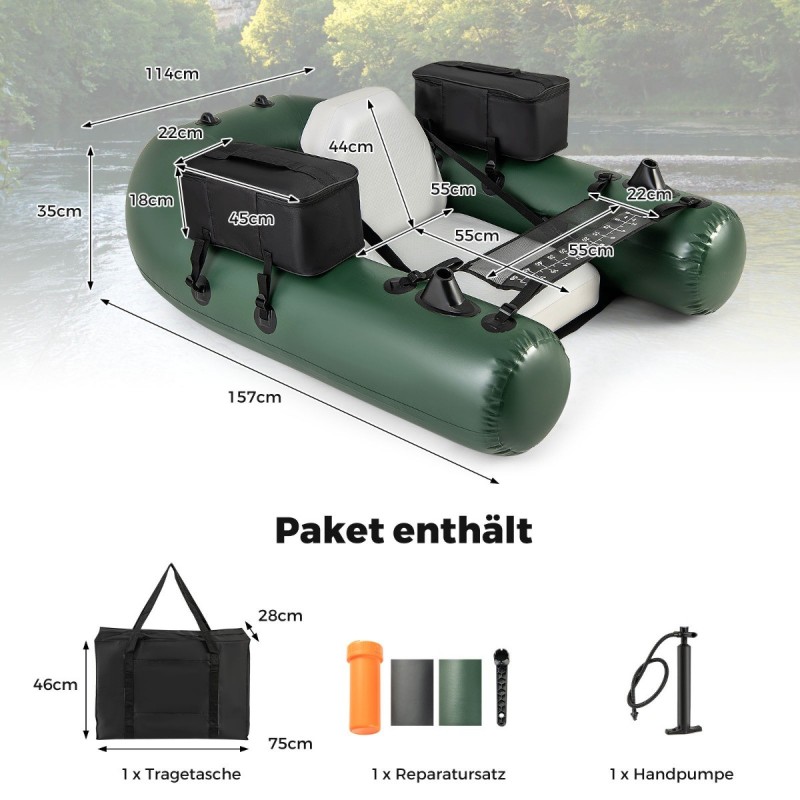 Vihreä puhallettava kalastusvene selkänojalla ja säilytystaskuilla Vihreä puhallettava kalastusvene selkänojalla ja säilytystaskuilla