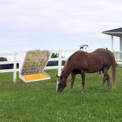 Seinään kiinnitettävä hopeinen heinäteline ja viljasyöttölaite