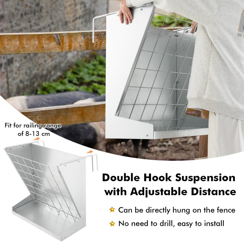 Seinään kiinnitettävä hopeinen heinäteline ja viljasyöttölaite