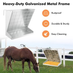 Seinään kiinnitettävä hopeinen heinäteline ja viljasyöttölaite