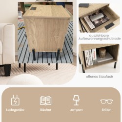 Moderni yöpöytä latausasemalla ja säilytystilalla, luonnonväri