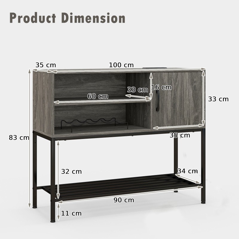 Harmaa sivupöytä viinitelineillä ja säilytyshyllyillä