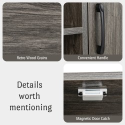 Harmaa sivupöytä viinitelineillä ja säilytyshyllyillä