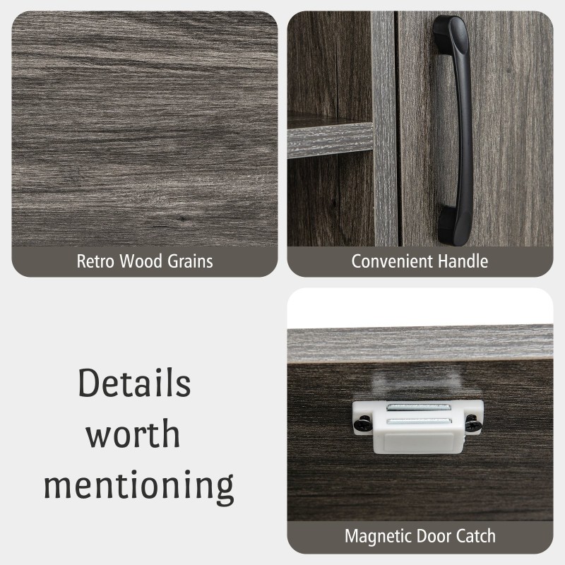 Harmaa sivupöytä viinitelineillä ja säilytyshyllyillä