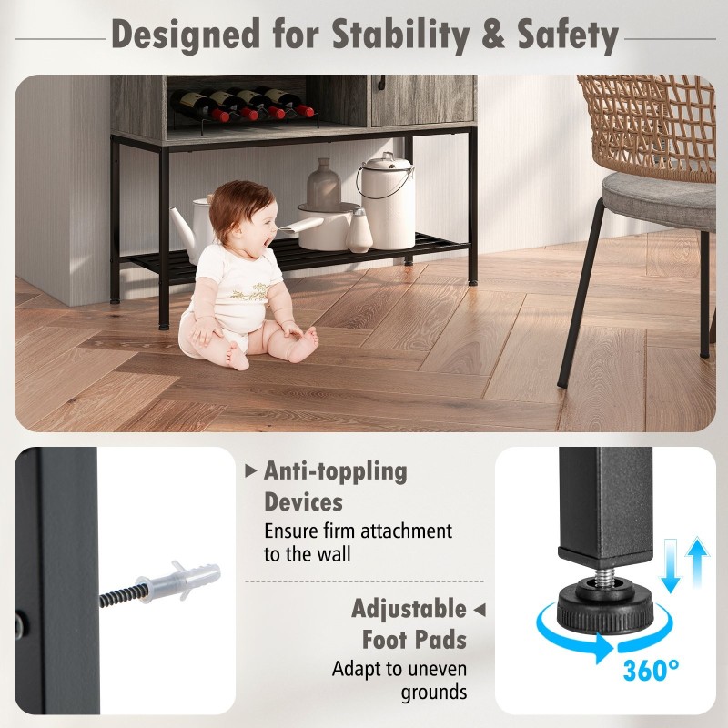 Harmaa sivupöytä viinitelineillä ja säilytyshyllyillä