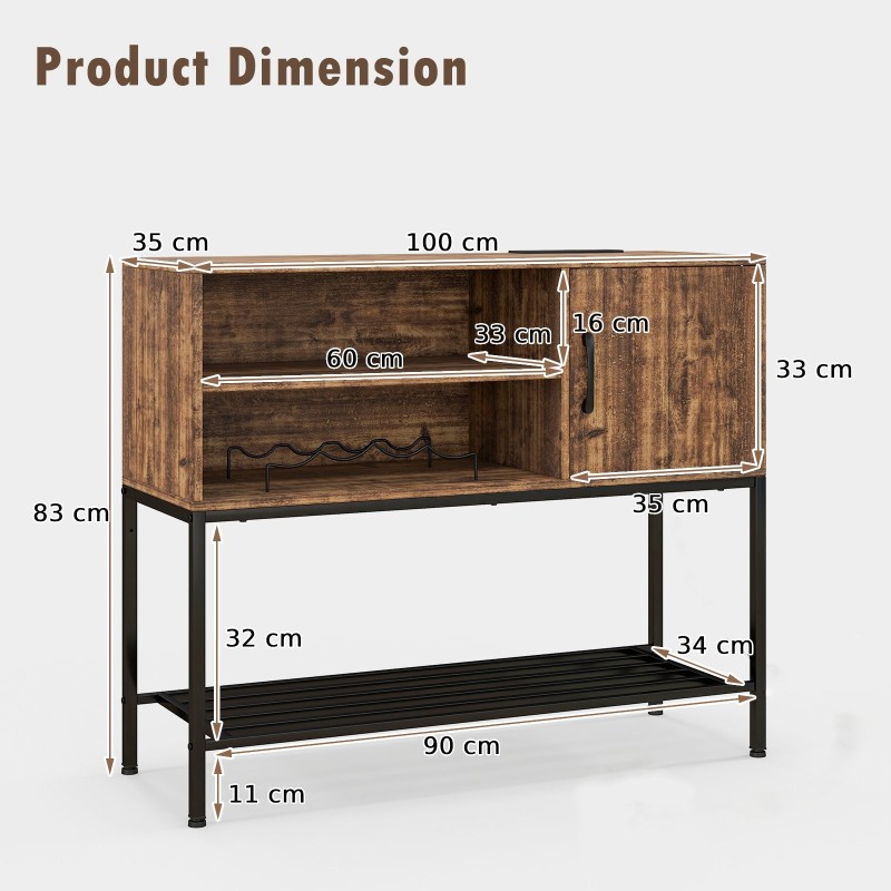 Rustiikkinen sivupöytä viinitelineillä ja säilytyshyllyillä