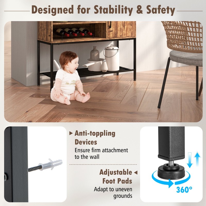 Rustiikkinen sivupöytä viinitelineillä ja säilytyshyllyillä