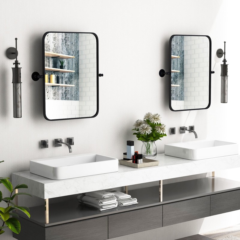 Musta metallikehyksinen kääntyvä suorakulmainen seinäpeili