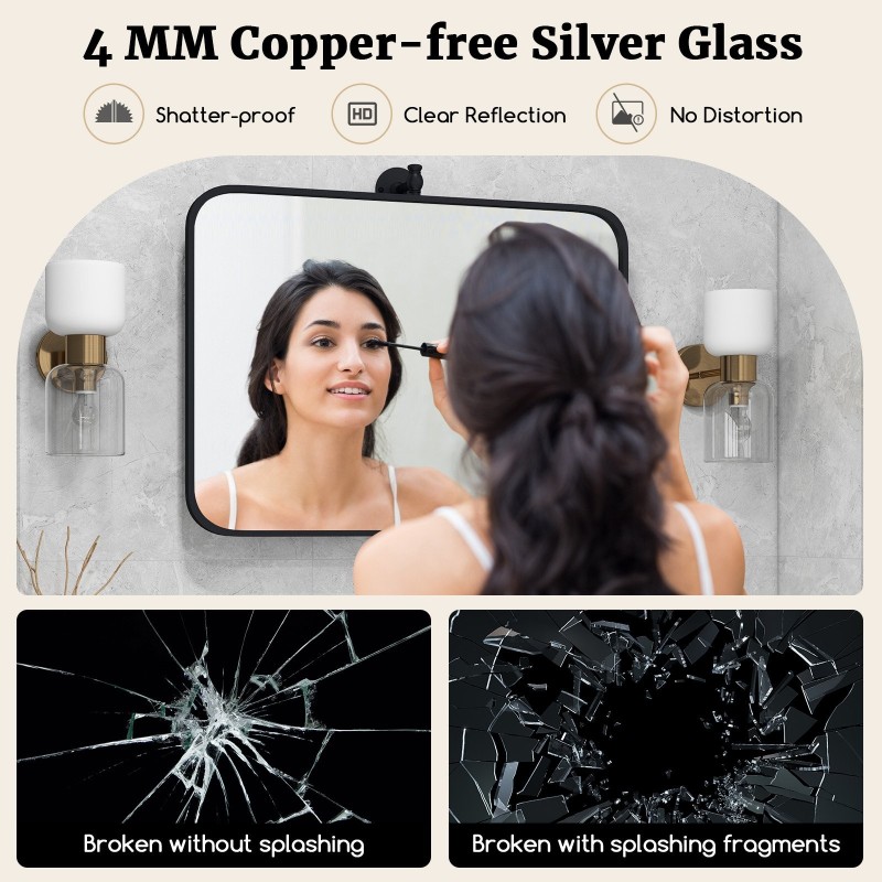 Musta metallikehyksinen kääntyvä suorakulmainen seinäpeili