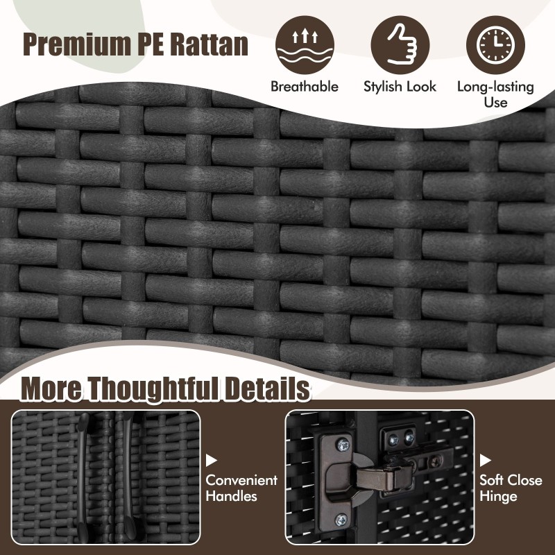 Musta PE-rottinki vaatekaappi ripustustangolla ja säilytyskuutioilla
