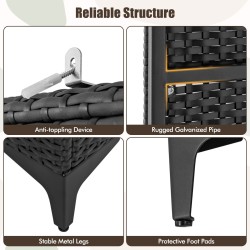 Musta PE-rottinki vaatekaappi ripustustangolla ja säilytyskuutioilla