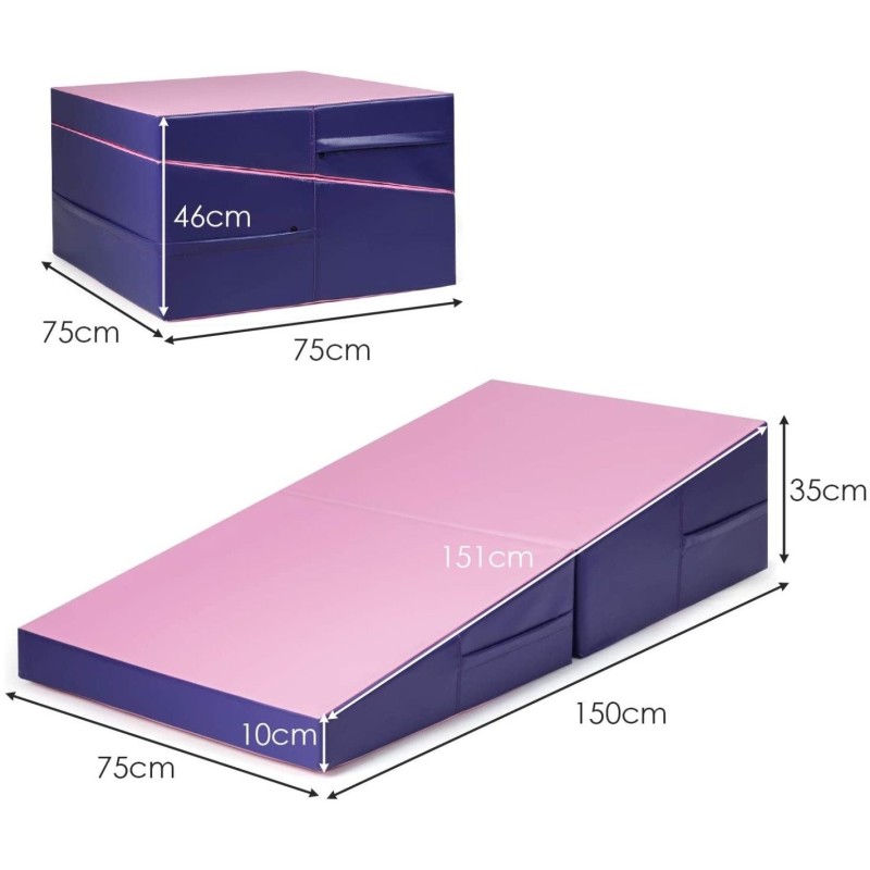 Ergonominen taitettava voimistelumatto kahvoilla, lila ja pinkki