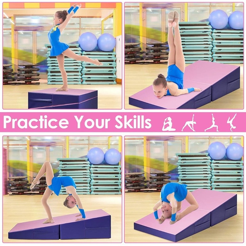 Ergonominen taitettava voimistelumatto kahvoilla, lila ja pinkki